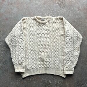 VTG LL Bean Mens Large Fisherman Sweater Cream Wool Cable Knit Made in Ireland